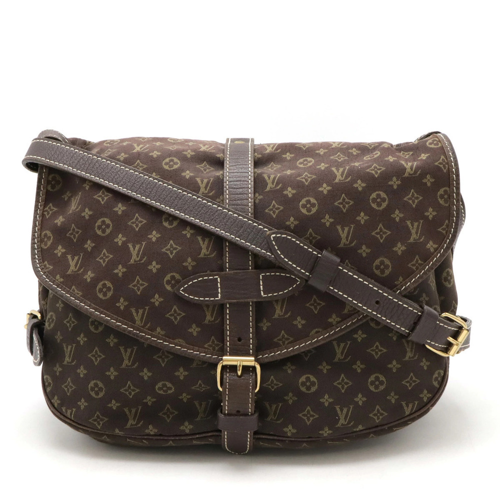 LOUIS VUITTON Monogram Lin Saumur Crossbody Bag Canvas Leather Ebene Brown